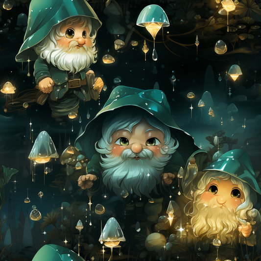 Three whimsical gnomes with bushy beards and green hats explore a glowing, magical cave with droplets and sparkling lights.