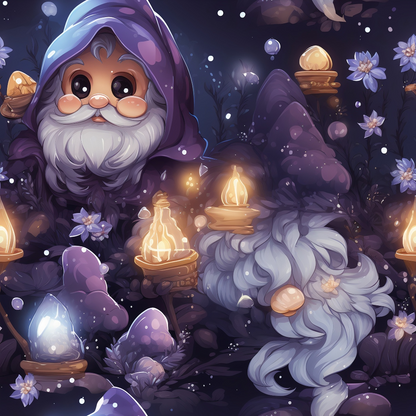 A bearded gnome in a purple hood surrounded by glowing lights and mushrooms in a whimsical nighttime forest setting.