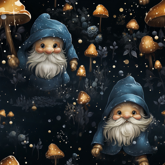 Two gnomes with beards and blue hats stand amidst glowing orange mushrooms on a dark, starry background.