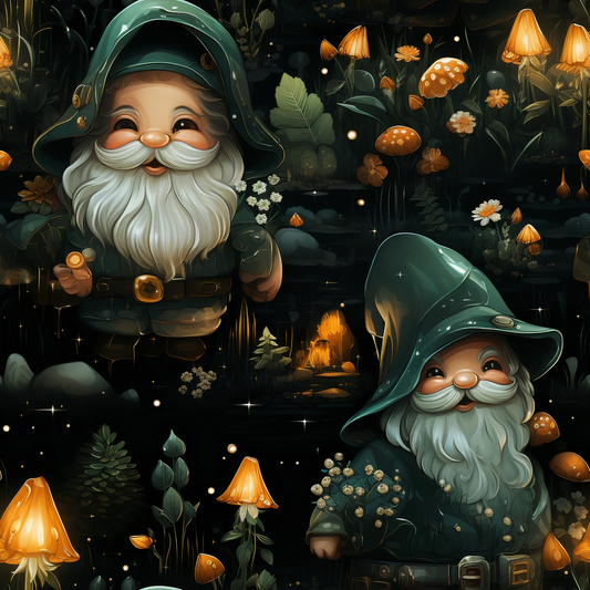 Whimsical gnomes with white beards and green hats stand among glowing mushrooms and flowers in a dark, enchanted forest setting.