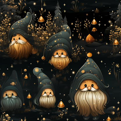 Illustration of several gnomes with pointy hats and long beards in a forest at night, surrounded by glowing mushrooms and plants.