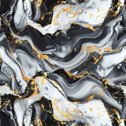 Abstract marbled pattern with black, white, and gray swirls, accented by gold streaks throughout.