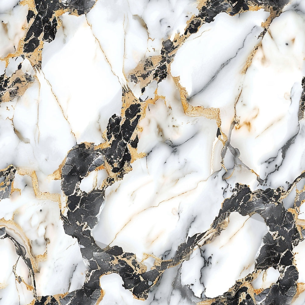 Marble texture with a mix of black, white, and gold veining creating an abstract pattern.