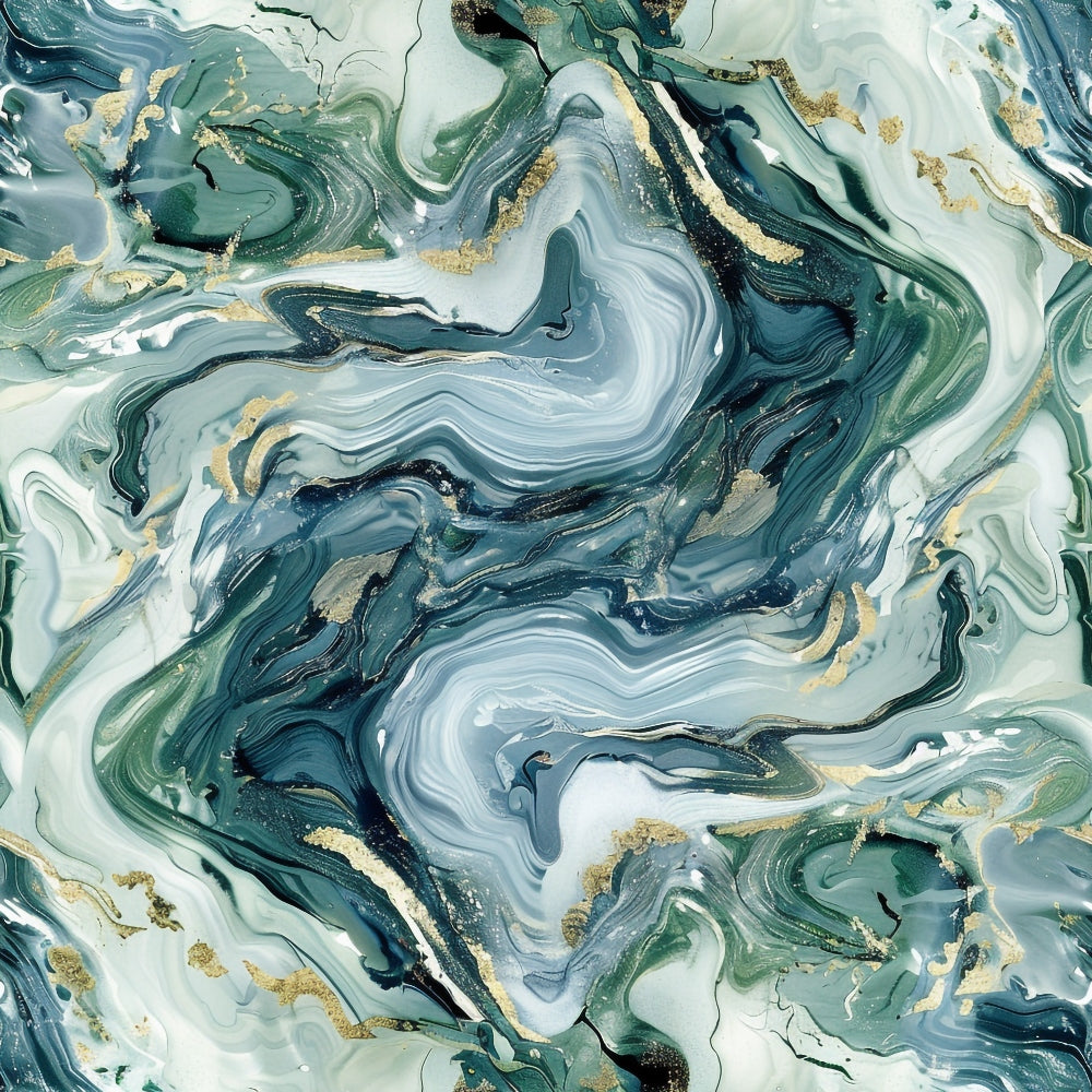 Abstract marble pattern with swirling shades of green, white, and gold accents, creating a fluid and organic texture.