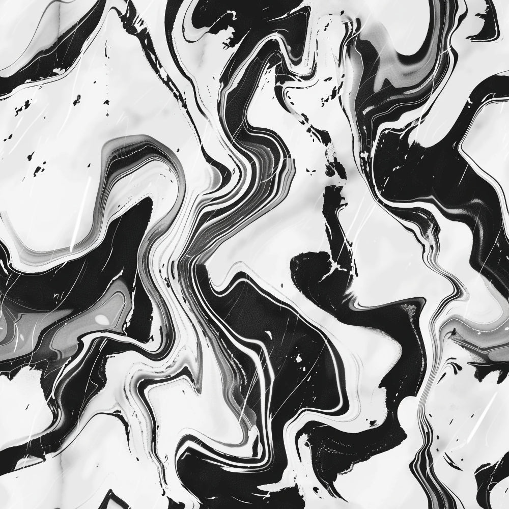 Abstract black and white marbled pattern with fluid, swirling lines and irregular shapes.