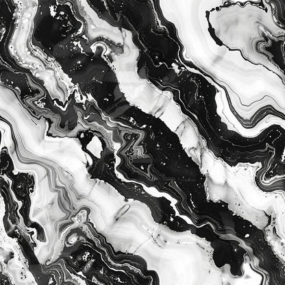 Black and white abstract marble pattern with swirling lines and contrasting textures, creating an organic, fluid appearance.