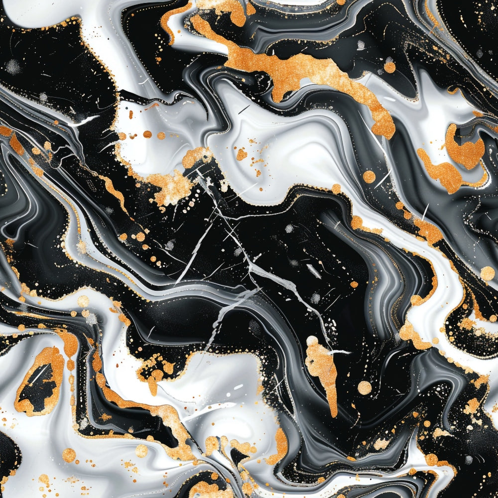 Abstract image with swirling black, white, and gray patterns, accented by splashes of gold.