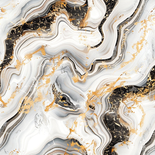 Abstract marble pattern with swirling black, white, and gold veins, creating a flowing and textured design.