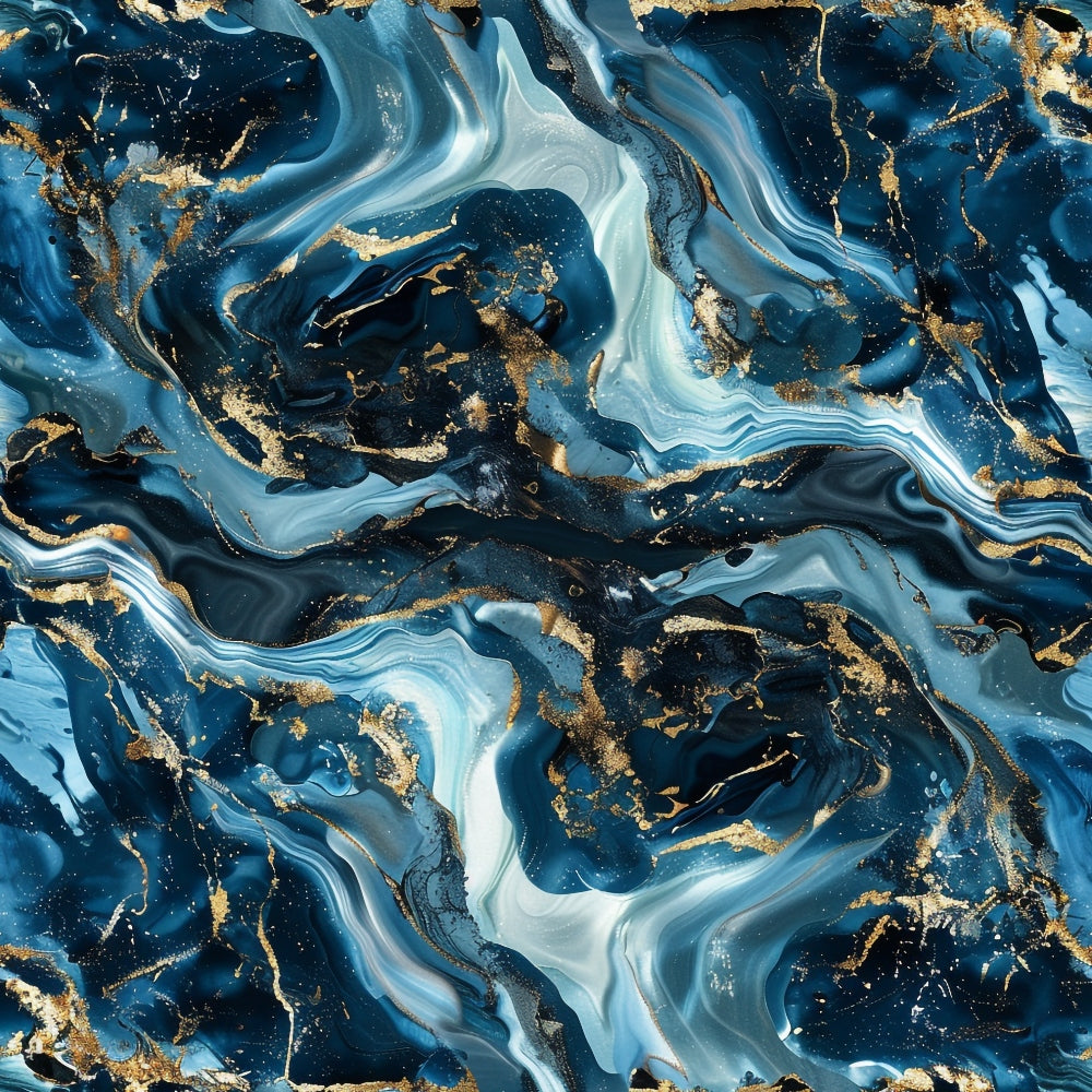 Abstract image featuring swirling patterns in blue, white, and gold tones. The design resembles marbled textures with a fluid, flowing appearance.