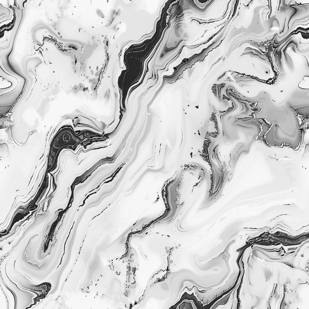 Black and white marble texture with swirling patterns and wavy lines, creating an abstract, fluid design.