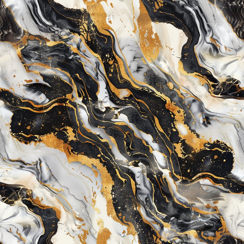 Abstract artwork featuring swirling patterns of black, white, and gold. The design resembles marble with gold accents interspersed throughout the composition.