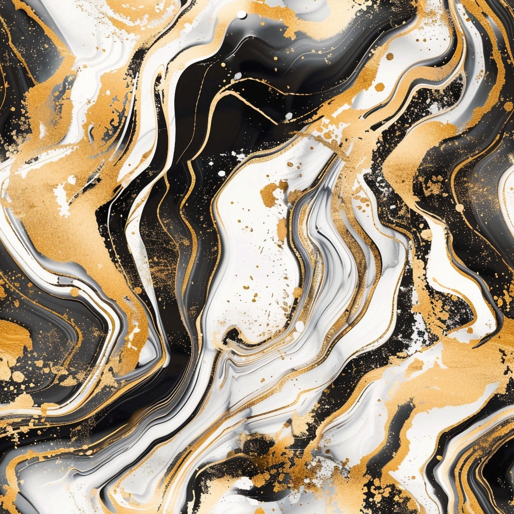 Abstract marble pattern with swirling black, white, and gold lines and splashes.