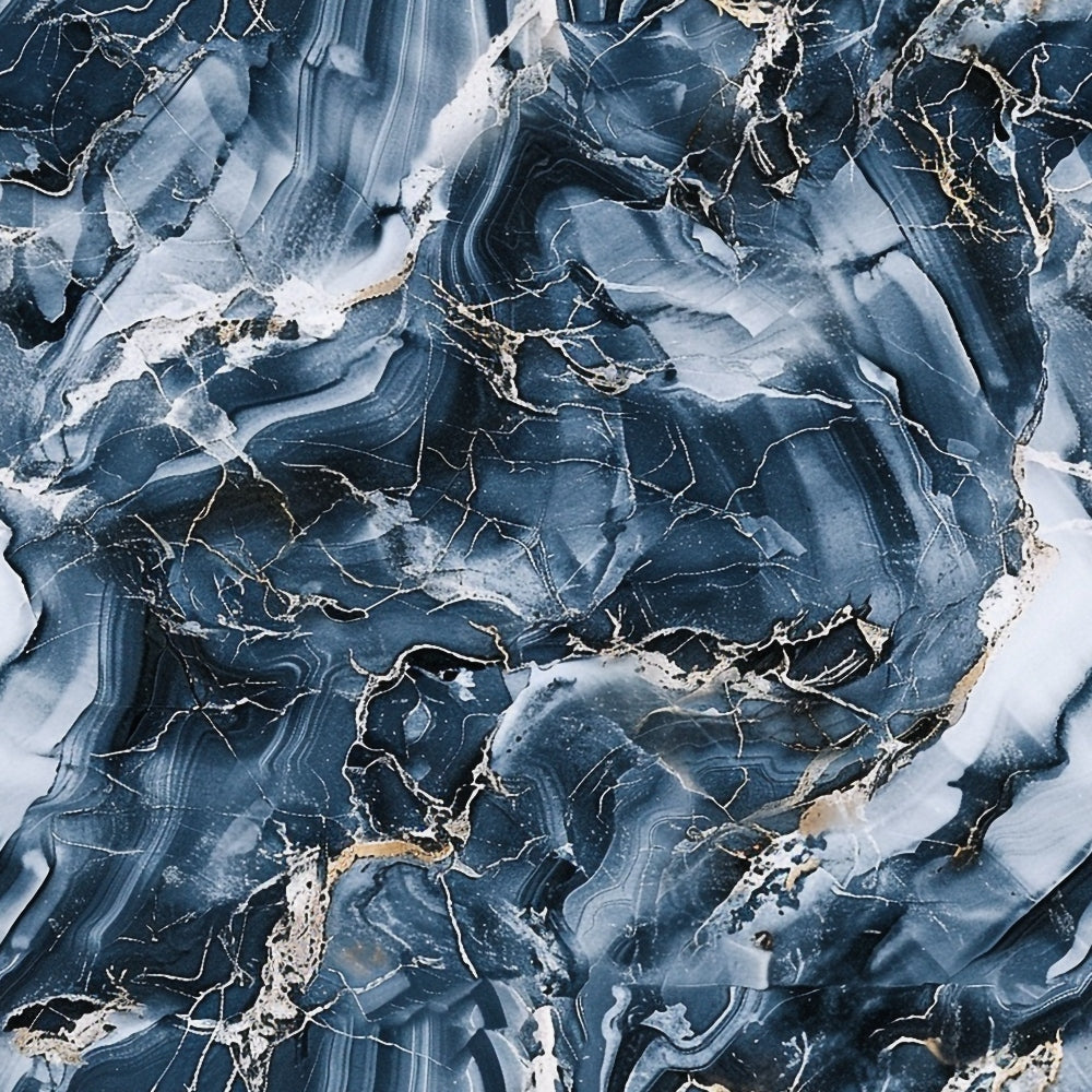 Abstract image featuring swirling patterns in dark blue and white with gold veining, resembling marble.