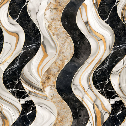 Wavy abstract pattern with black, white, and gold swirls, resembling marbled textures.