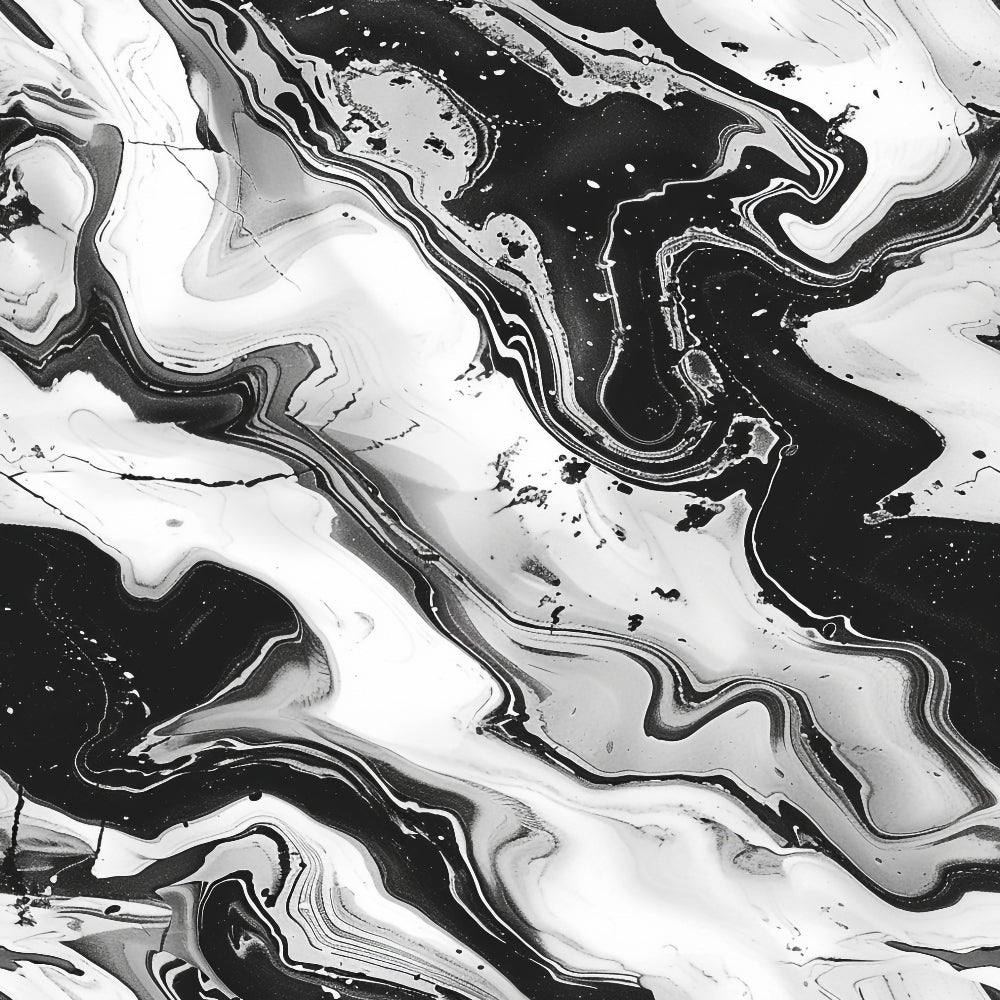 Black and white abstract marbled pattern with swirling lines and shapes, resembling a fluid, organic design.