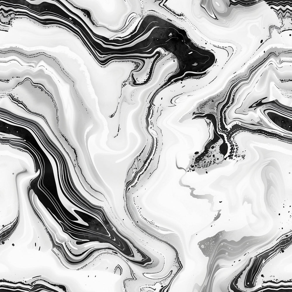 Black and white marbled abstract pattern with swirling and wavy lines, resembling fluid movement and intricate designs.