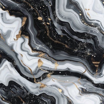 Abstract black and white marbled pattern with gold accents and fluid, swirling lines.