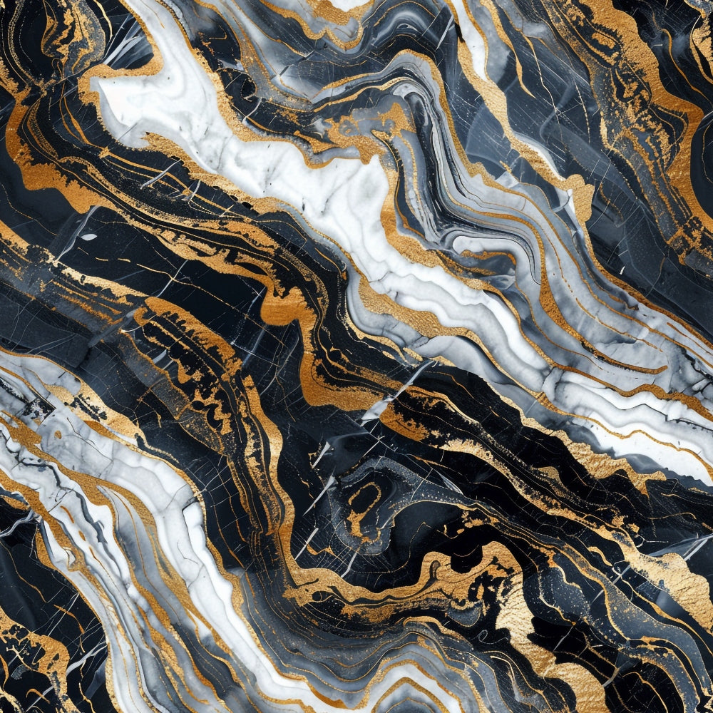 Abstract image with swirling patterns in black, white, and gold, resembling marble with metallic accents.