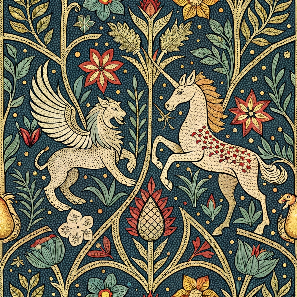 A detailed tapestry illustration featuring a winged lion facing a unicorn. Both are surrounded by stylized flowers, leaves, and vines on a dark blue background in a symmetrical pattern.