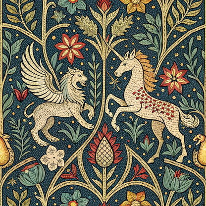 A detailed tapestry illustration featuring a winged lion facing a unicorn. Both are surrounded by stylized flowers, leaves, and vines on a dark blue background in a symmetrical pattern.