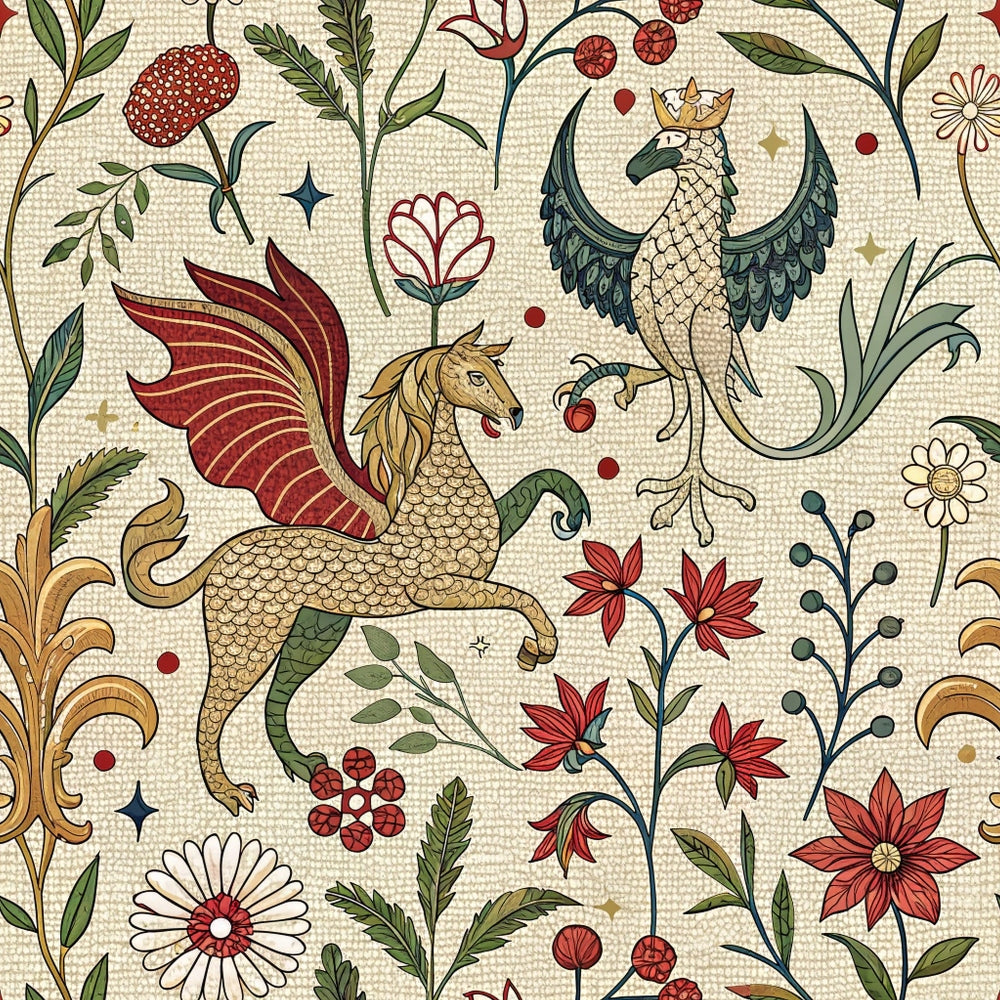 Illustration of a medieval-style tapestry pattern featuring a winged horse with scales, a crowned griffin, and various red, white, and yellow flowers with green foliage on a textured beige background.