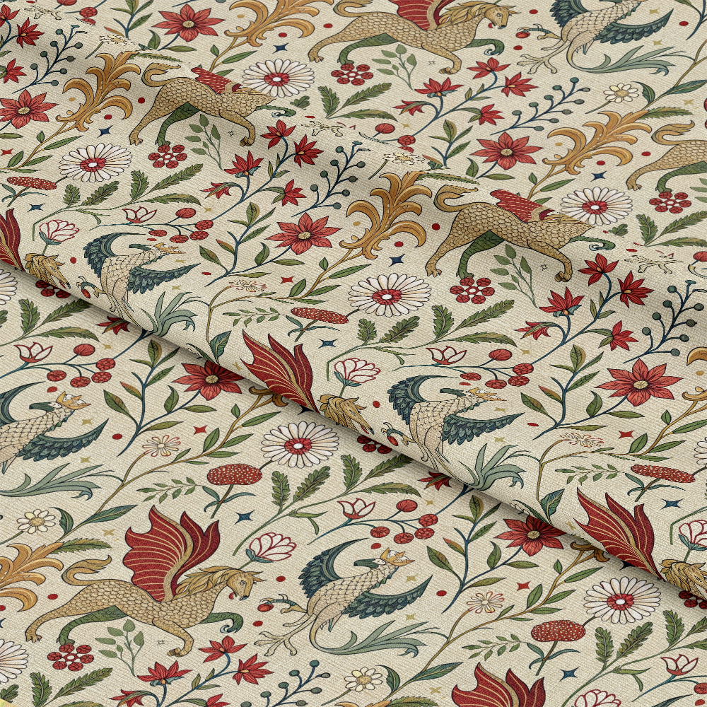 - Medieval Tapestry Pattern 3 Quilting Cotton Fabric  
- Floral motifs  
- Winged horses  
- Red, beige, green, gold colors  
- Ornamental foliage  
- Vintage style  
- Decorative textile  
- Cotton quilting fabric  
- Traditional medieval design  
- Nature-inspired elements