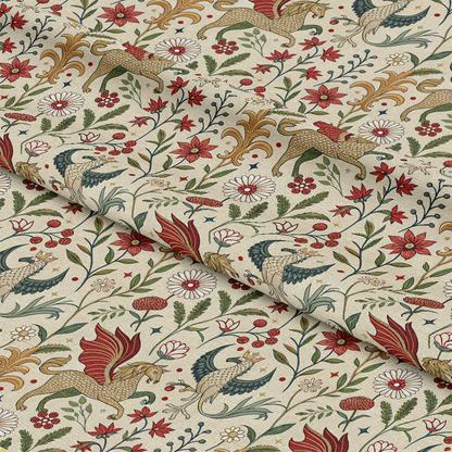 - Medieval Tapestry Pattern 3 Quilting Cotton Fabric  
- Floral motifs  
- Winged horses  
- Red, beige, green, gold colors  
- Ornamental foliage  
- Vintage style  
- Decorative textile  
- Cotton quilting fabric  
- Traditional medieval design  
- Nature-inspired elements