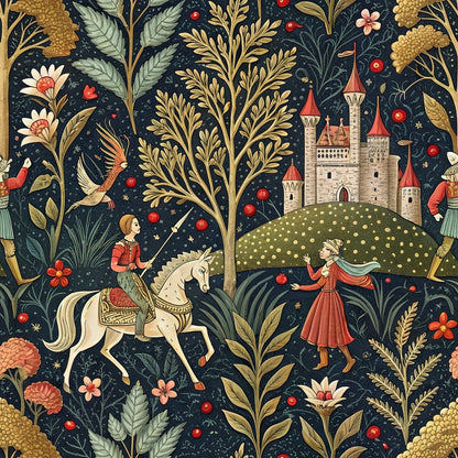 Illustration of a medieval scene with a knight on a white horse, a woman in a long dress, a castle on a hill, and trees, plants, flowers, and birds on a dark background in a decorative, patterned style.