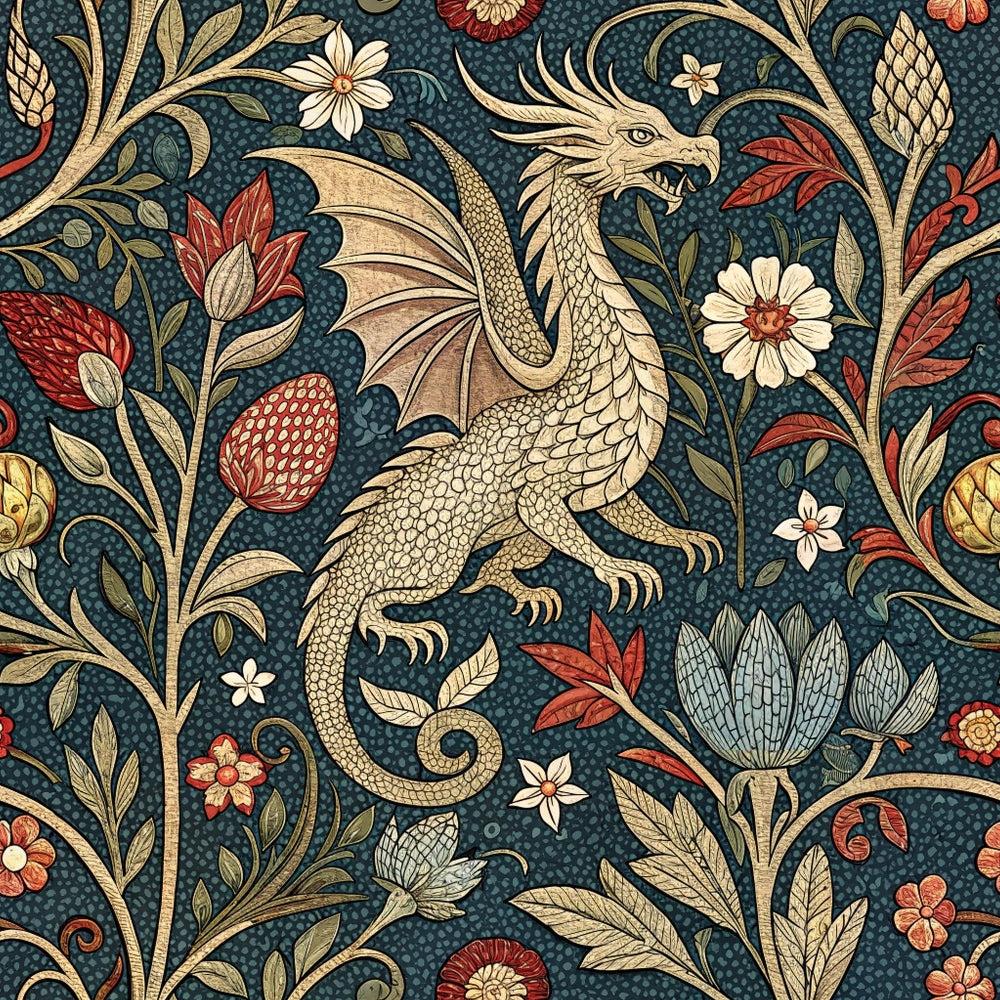 A beige dragon with wings and a long tail is illustrated among various colorful flowers and green leaves on a dark blue patterned background. The design has a medieval, tapestry-like style.