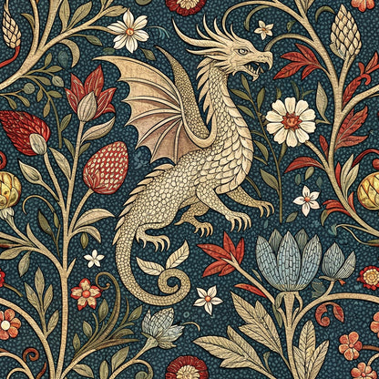 A beige dragon with wings and a long tail is illustrated among various colorful flowers and green leaves on a dark blue patterned background. The design has a medieval, tapestry-like style.
