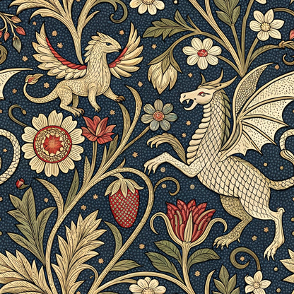 A detailed illustration features mythical creatures, including a dragon and a griffin, among large stylized flowers, leaves, and strawberries on a dark background, resembling a medieval tapestry pattern.