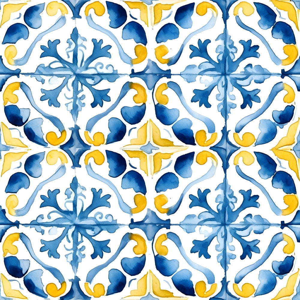 Blue, yellow, and white ceramic tile pattern with intricate floral and geometric designs.