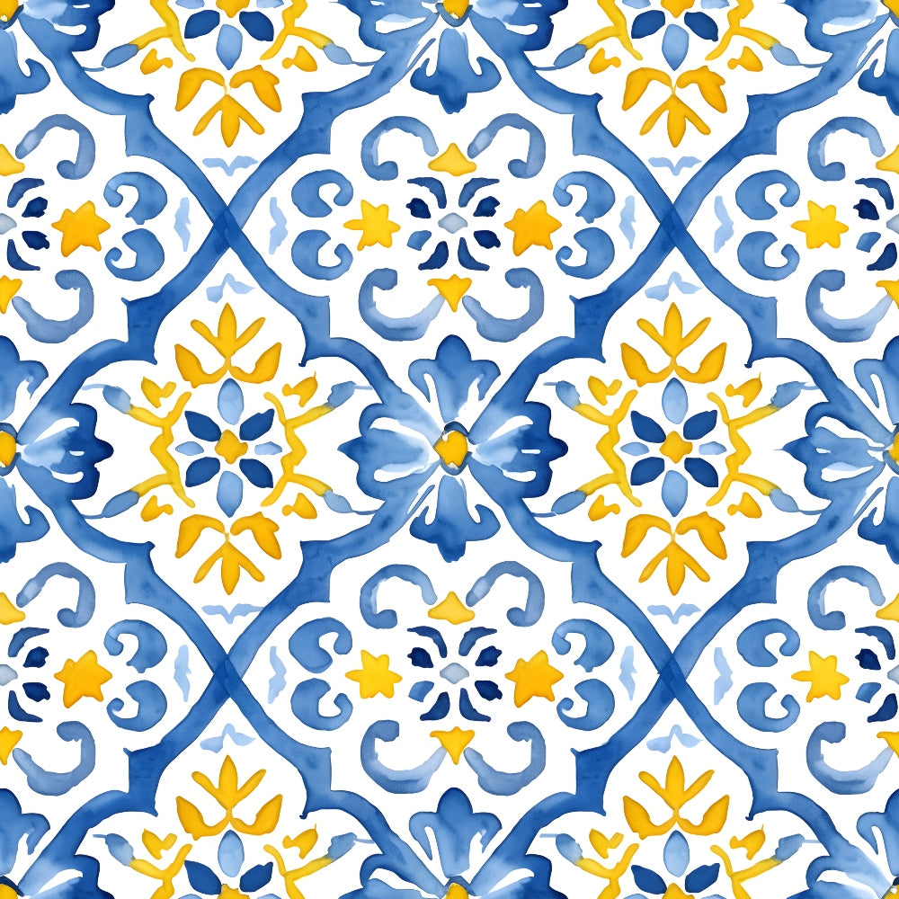 Blue and yellow floral tile pattern with symmetrical geometric shapes on a white background.