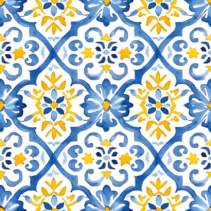 Blue and yellow floral tile pattern with symmetrical geometric shapes on a white background.