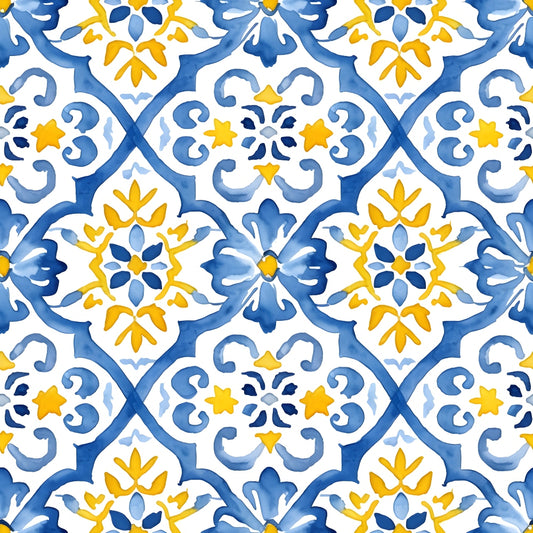 Blue and yellow floral tile pattern with symmetrical geometric shapes on a white background.