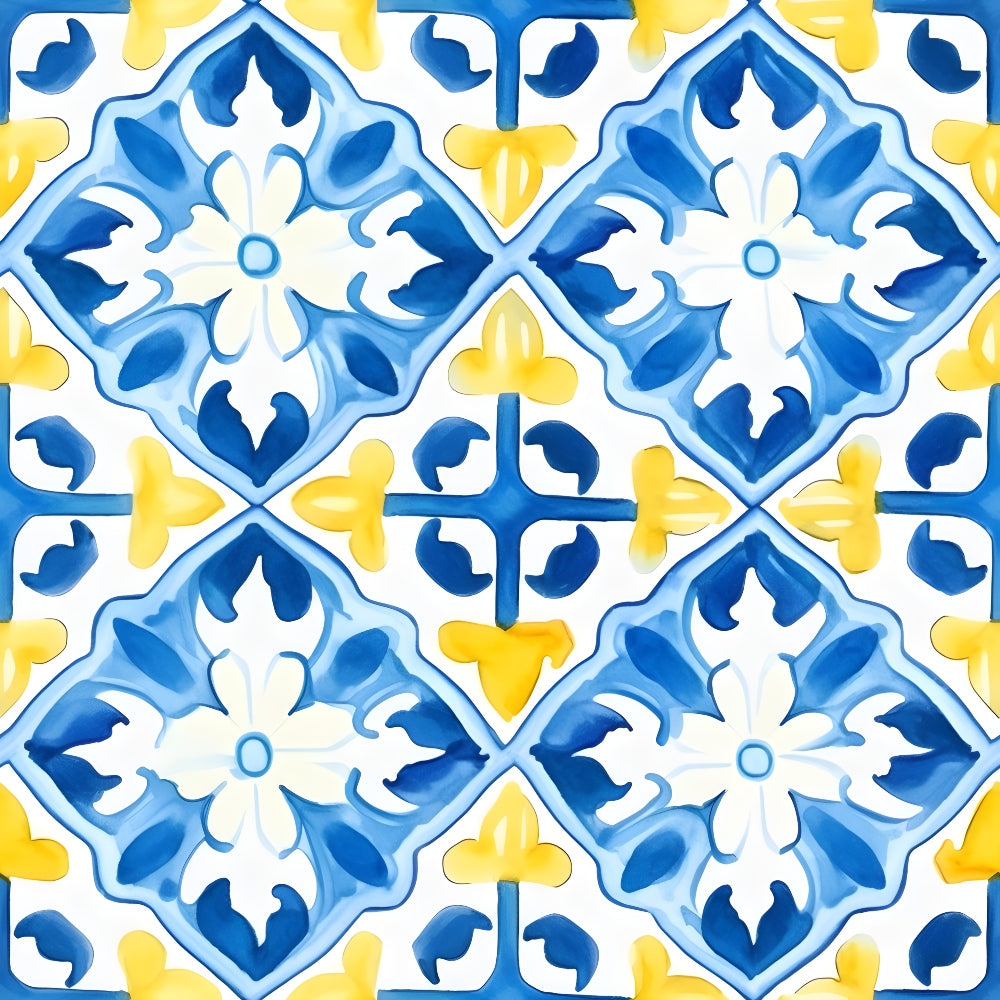 A decorative tile pattern with blue and yellow floral motifs, featuring symmetric geometric shapes arranged in a repeating design.