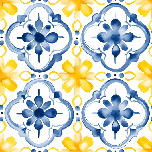 A seamless pattern featuring blue floral motifs and yellow flowers on a white background.