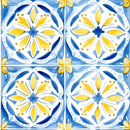 Blue and yellow floral tile pattern with symmetrical designs and decorative elements.