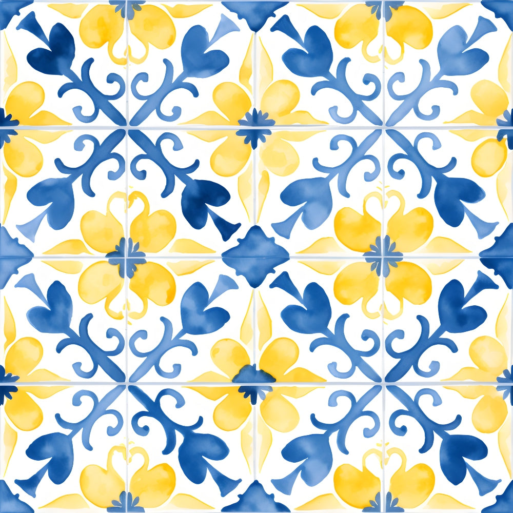 Blue and yellow floral patterned tiles arranged in a symmetrical design on a white background.