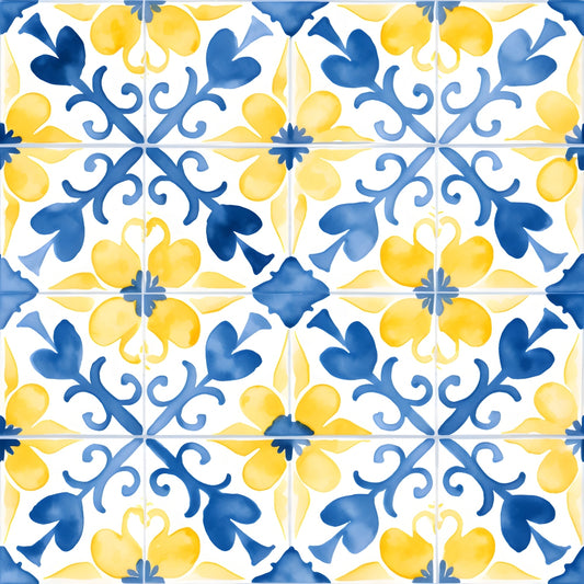 Blue and yellow floral patterned tiles arranged in a symmetrical design on a white background.