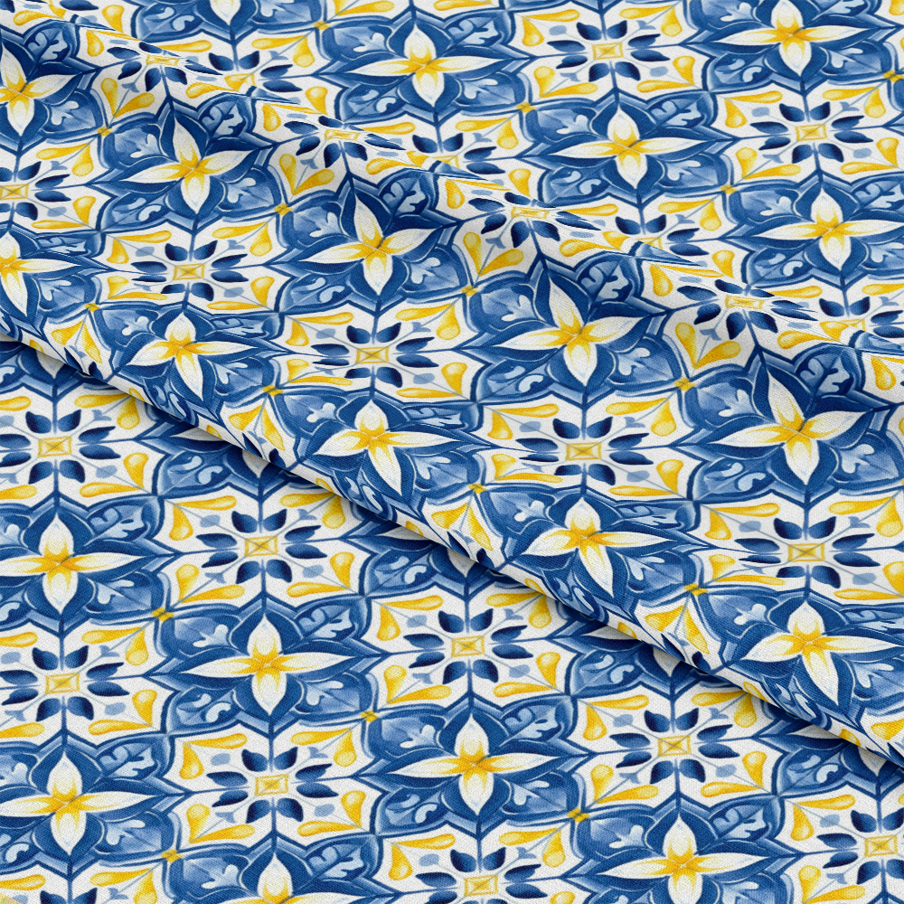 - Mediterranean Lemon Azure Pattern 20 Quilting Cotton Fabric  
- Blue, yellow, white colors  
- Floral design, geometric motifs  
- Cotton texture, quilting material  
- Soft, durable fabric for sewing  
- Yardage fabric, intricate print  
- Decorative textile, crafting material