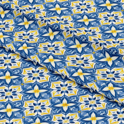 - Mediterranean Lemon Azure Pattern 20 Quilting Cotton Fabric  
- Blue, yellow, white colors  
- Floral design, geometric motifs  
- Cotton texture, quilting material  
- Soft, durable fabric for sewing  
- Yardage fabric, intricate print  
- Decorative textile, crafting material