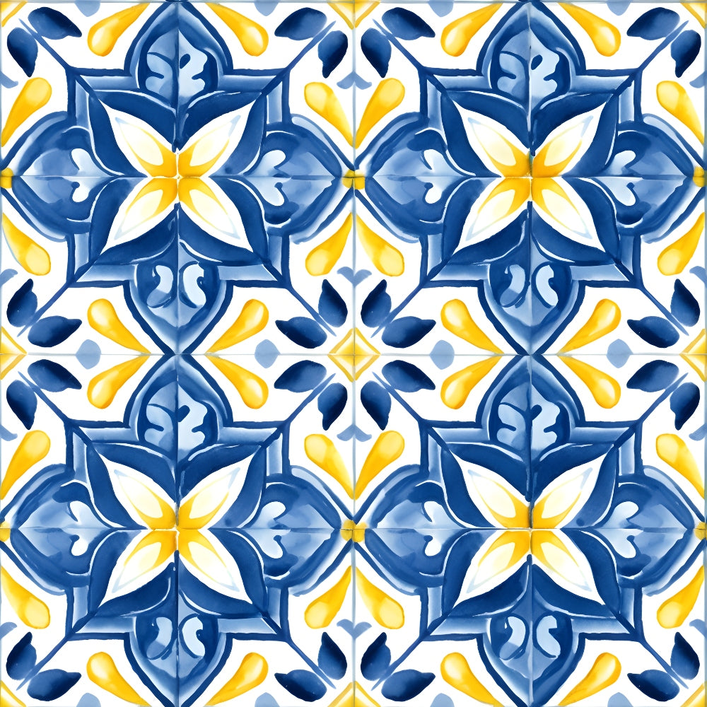 Blue and yellow floral tile pattern with symmetrical design elements on a white background.