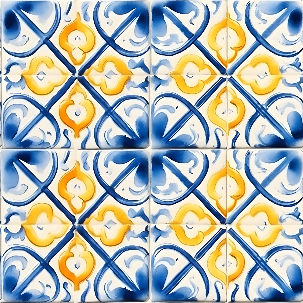 Pattern of ceramic tiles with symmetrical blue and yellow floral and geometric designs.