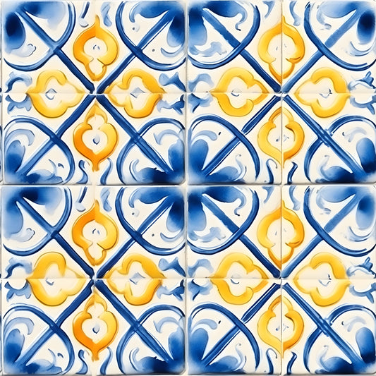 Pattern of ceramic tiles with symmetrical blue and yellow floral and geometric designs.