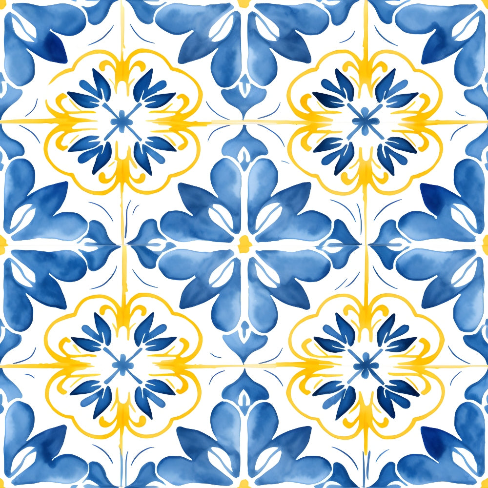 Blue and yellow floral tile pattern with symmetrical design, featuring stylized leaf and petal motifs on a white background.