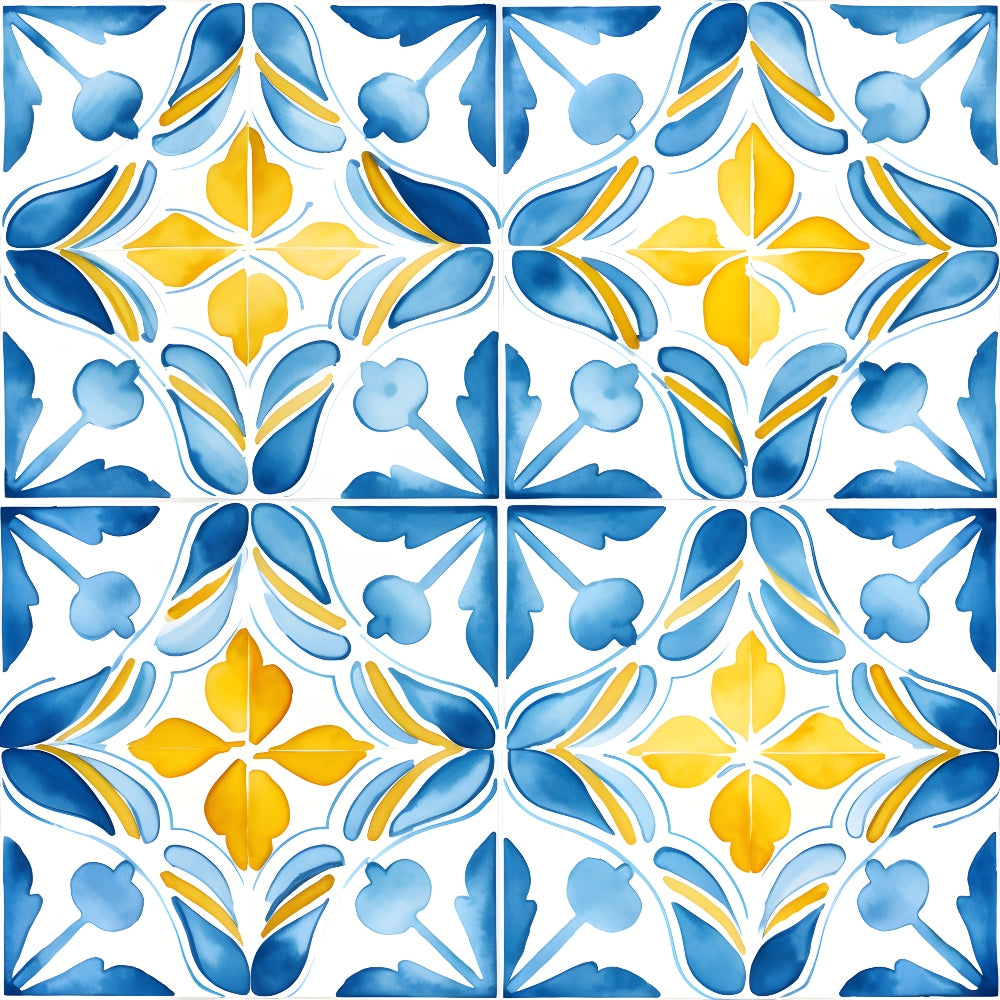 Four blue and yellow floral-patterned tiles arranged in a square, featuring symmetrical leaf and petal designs on a white background.