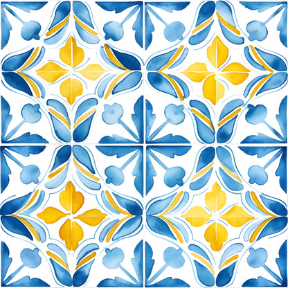 Four blue and yellow floral-patterned tiles arranged in a square, featuring symmetrical leaf and petal designs on a white background.