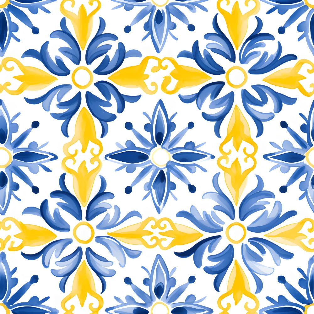 A seamless pattern with blue and yellow floral motifs on a white background, arranged in a symmetric, repeating design.