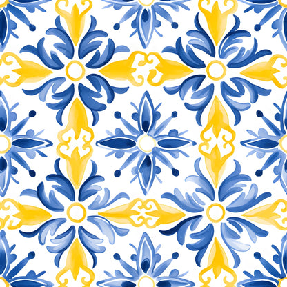 A seamless pattern with blue and yellow floral motifs on a white background, arranged in a symmetric, repeating design.